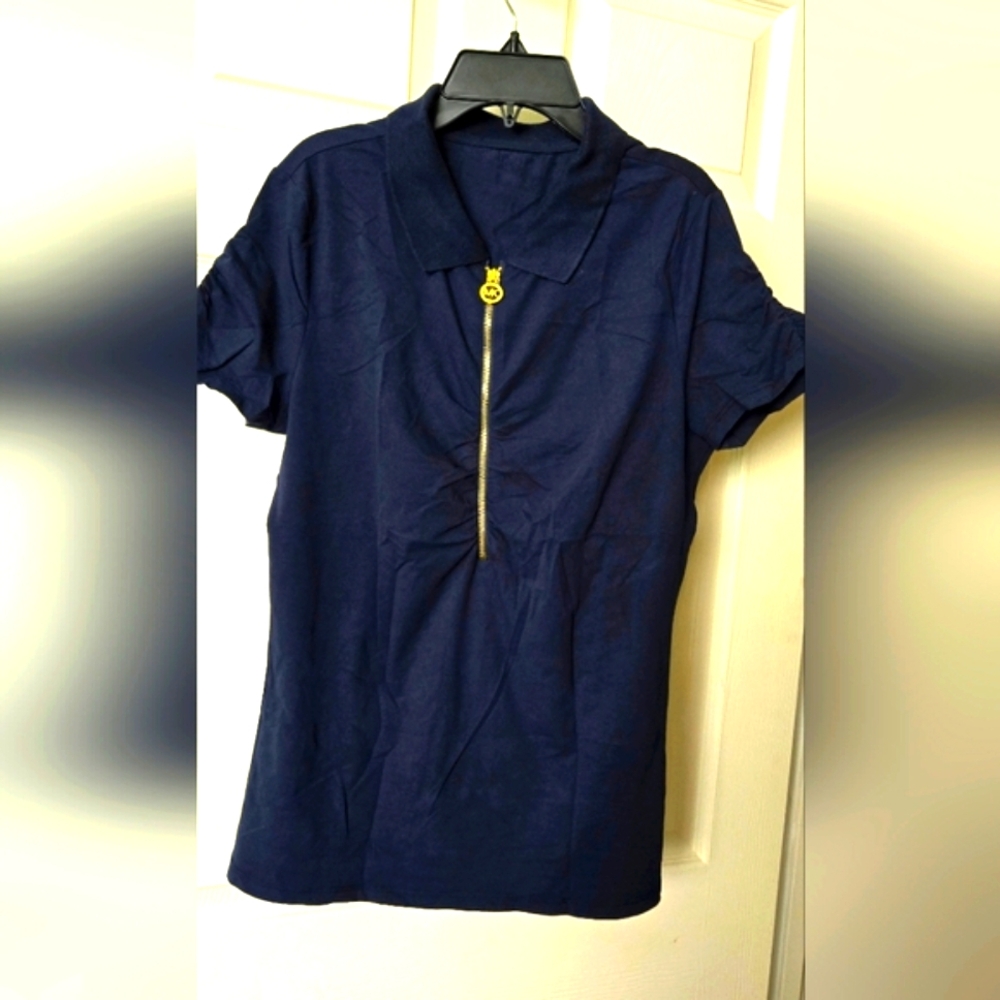 Michael Kors NAVY Ruched Polo T-Shirt with Gold Accents